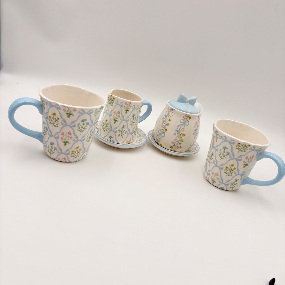 Floral Bow Ceramic Tea Set Mugs Creamer Sugar Bowl 6pc NEW